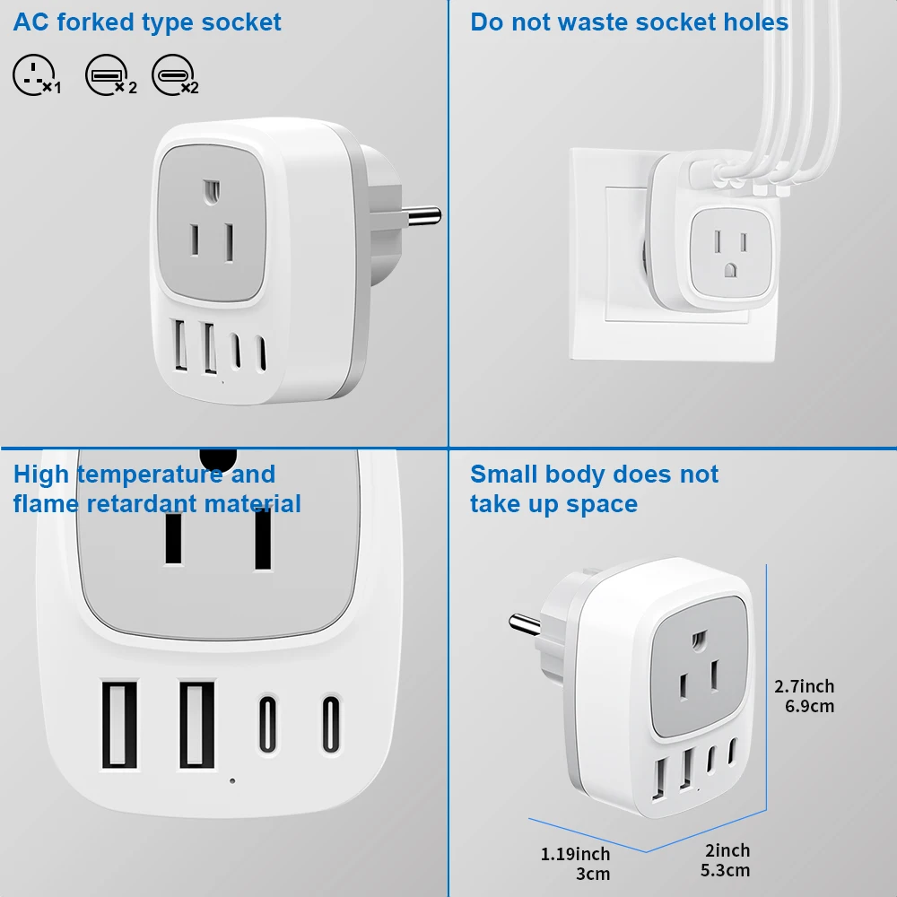 KOSHARE Travel Adapter Europe Plug Adapter USA America With 4 USB 2.4A Socket Adapter Travel Plug Power Adapter for Canada Mexic