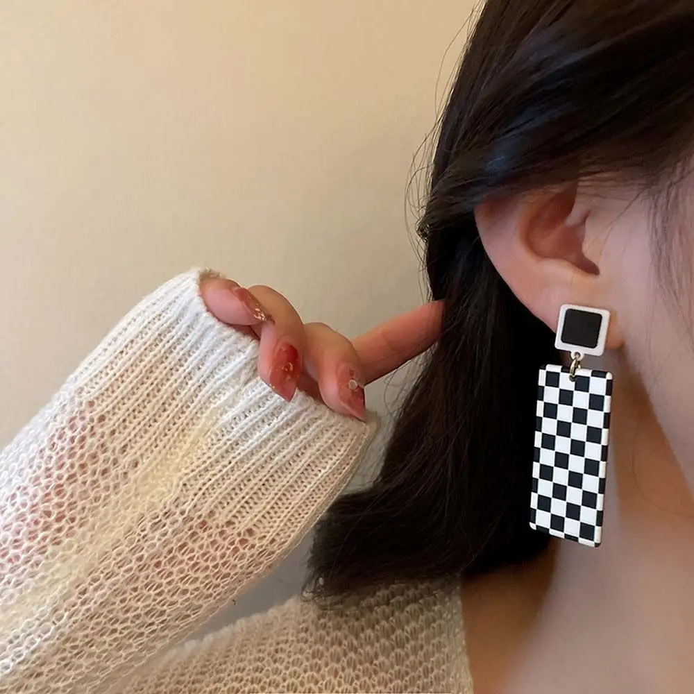 Korean Style Rectangle Black White Plaid Lattice Pattern Square Checkerboard Earrings Women Earrings Dangle Earrings Ear Studs