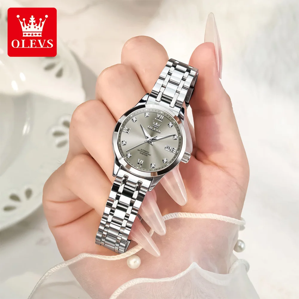 

OLEVS 9946, оригинальные женские часы, светящиеся, из нержавеющей стали, хардкорное оборудование, автоматические механические часы с двойным календарем для женщин