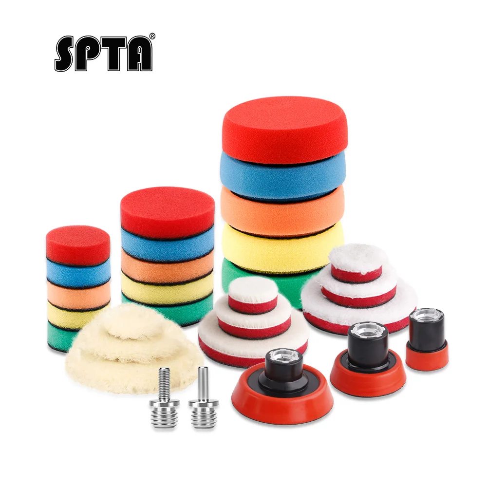 SPTA 29Pcs 1inch 2inch 3inch Mini Buffing Polishing Pads Kit Wool Pad Waxing Sponge Car Detail Polisher Pads Tools