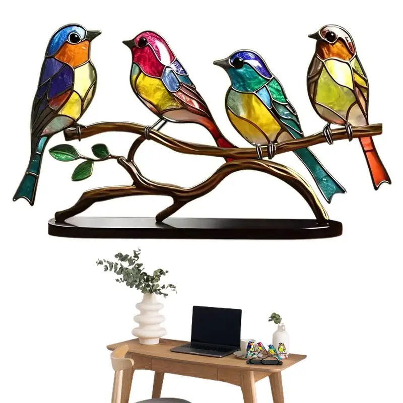 Stained Glass Bird Decoration Branch Desktop Ornaments Hummingbird On Branch Acrylic Statue Art Craft for Home Decorations