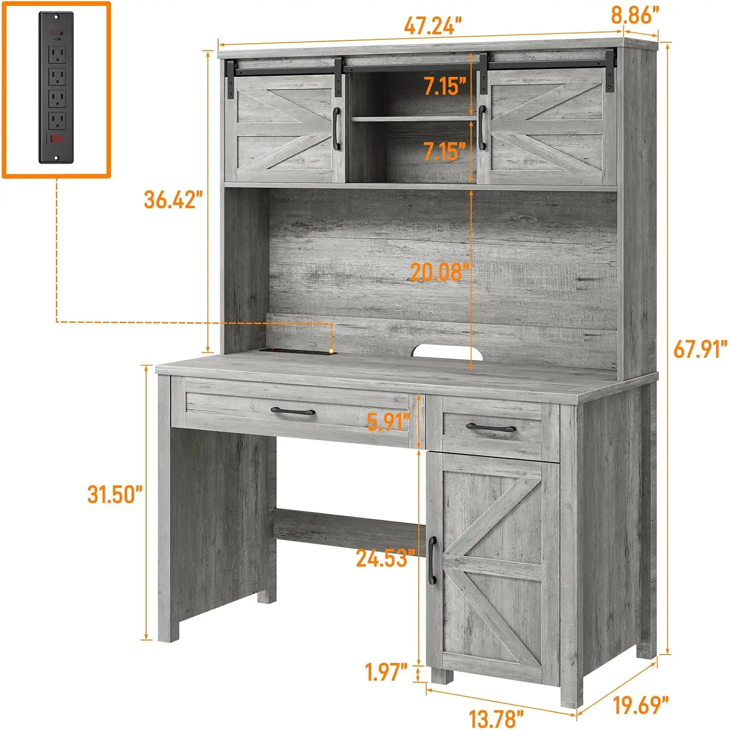مكتب تنفيذي Farmhouse 47، مكتب كمبيوتر مزود بأدراج وخزانة، مساحة عمل للمكتب المنزلي مع محطة شحن (رمادي) #2