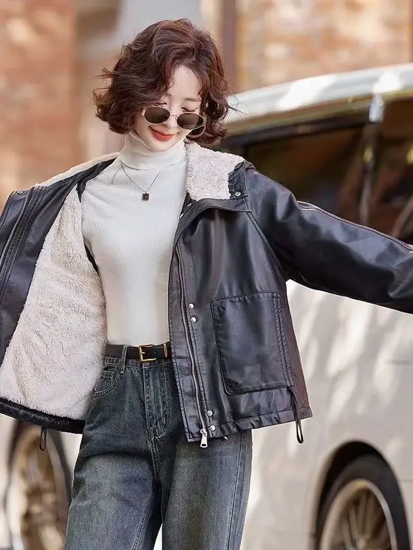 Thiened Fce 暖かいレザー風ジャケット レディース 冬用 小さいサイズ カジュアル ゆったり ファー付き フード付きコート ジッパー開閉 ロング丈...