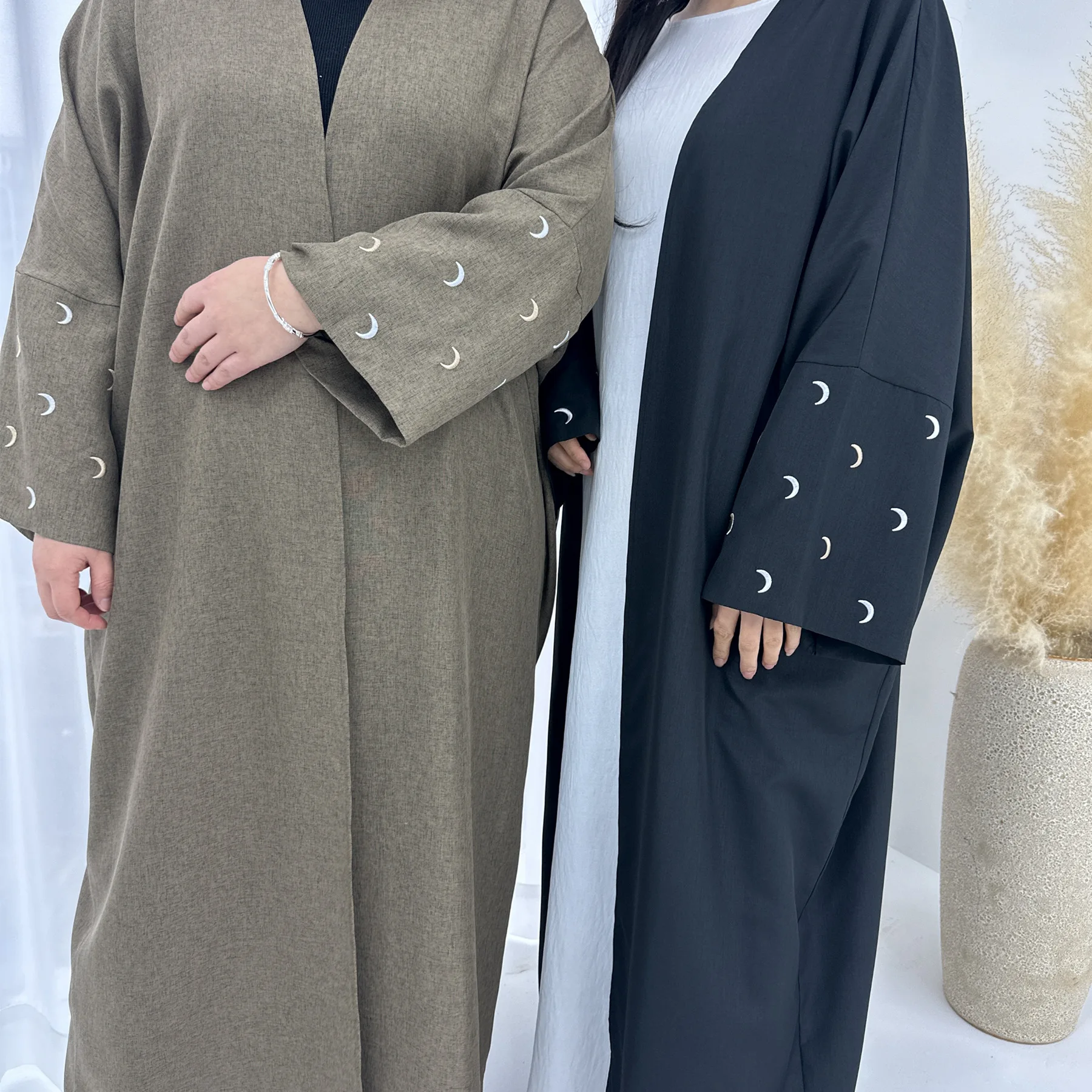 UNI – Robe musulmane pour femmes musulmanes, Ramadan Eid, solide, ethnique, broderie de lune, koweïtien, marocain, manches chauve-souris, Kimono ouvert Abaya