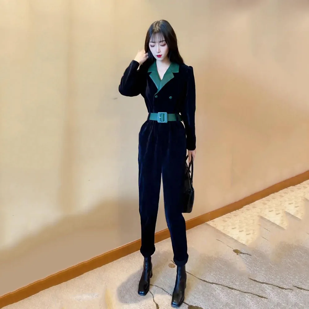 Korean Version New Slim Jumpsuit Fashion Temperament Contrast Leather Waist Bodysuits Women's 2023 Autumn/Winter Long Bodysuits