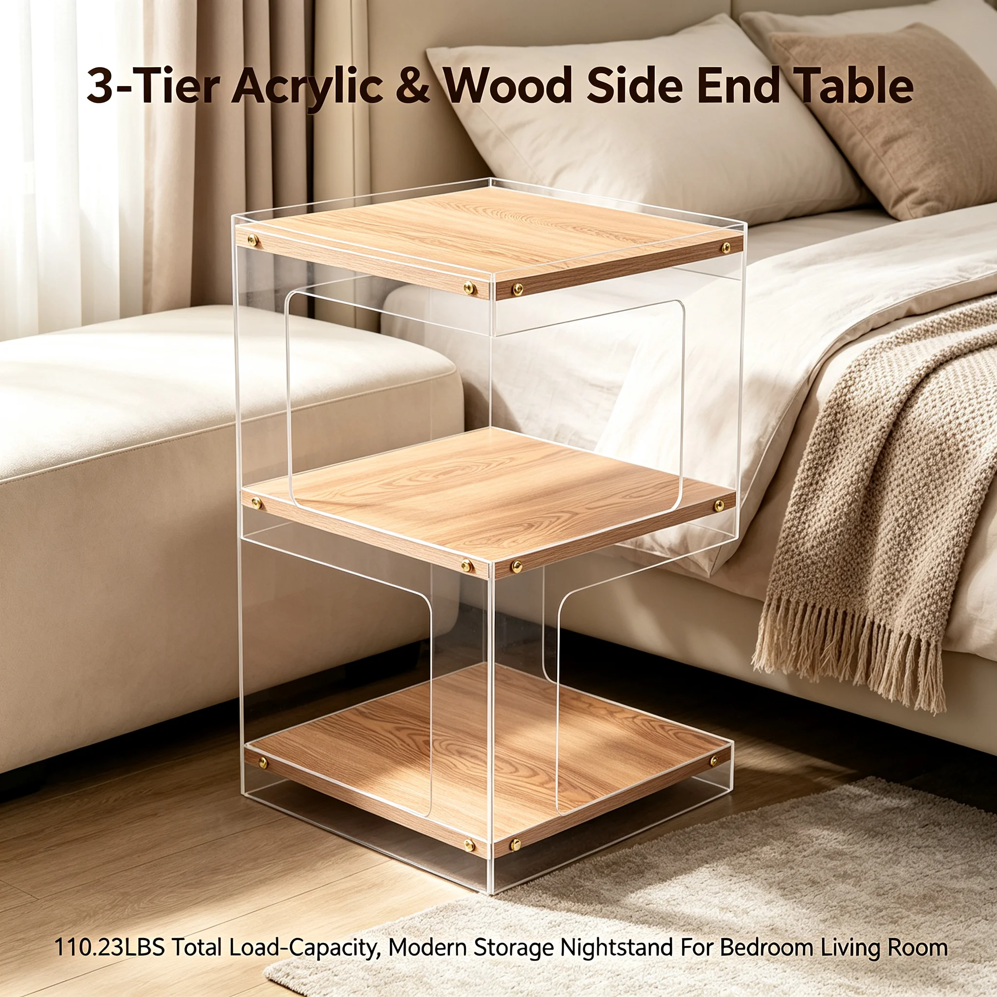 Bedside Table 3-Tier Side Table with 110.23lbs Load Capacity, Acrylic & E1 MDF Coffee Table, Modern Square Storage Rack for Living Room Bedroom Balcony