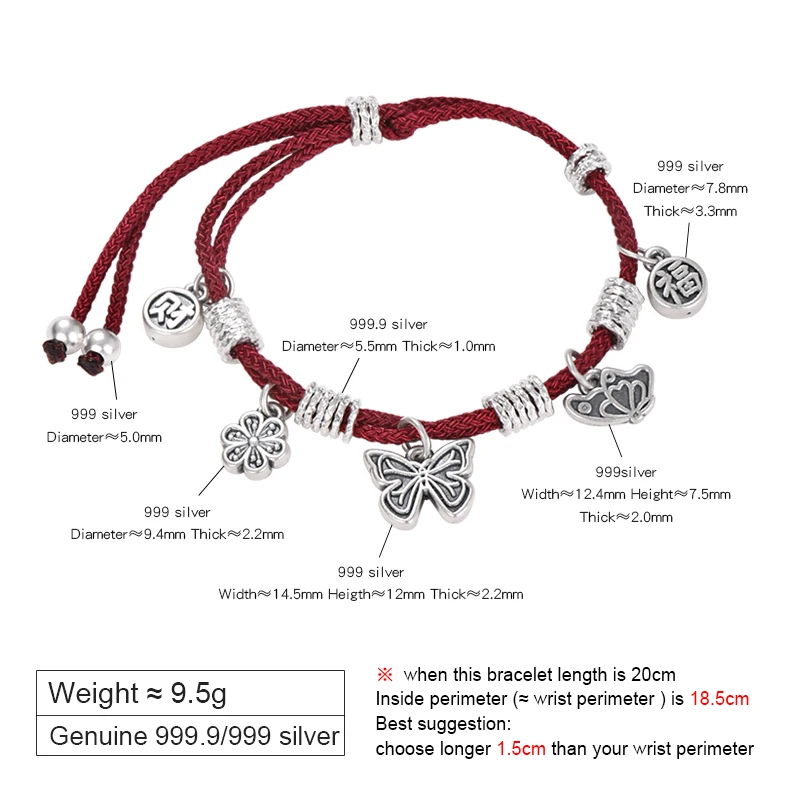 ZABRA 999 Sterling Silver Butterfly Bracelet for Women, New Chinese Style Woven Zodiac Red String Gift