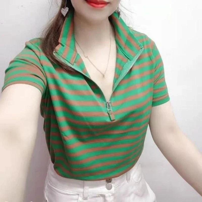 

Polo Neck Shirt For Women Striped Baggy Woman T Flower Women's Clothing Trend 2024 Short Sleeve Tee Luxury Offer Wholesale