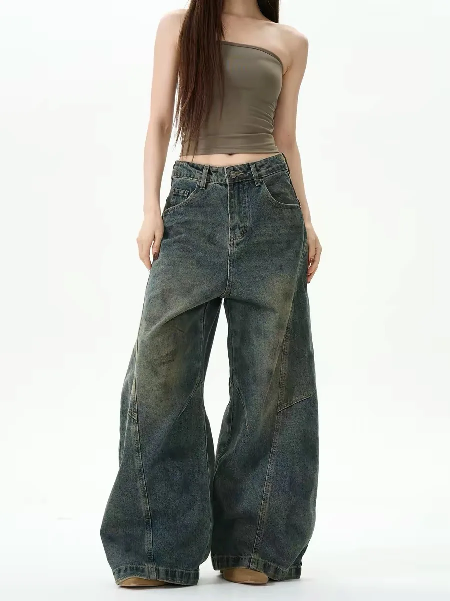 

American Sle Loose High Street Distred Denim Pants Women's Trendy Brand Spray Dir Blade Pants Comfortable Lazy Jeans