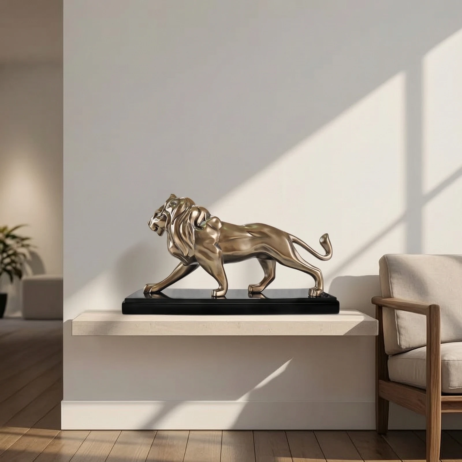 Lion Sculpture with Base Gold Lion Sculpture Black Sculpted for Art Collectors, Office, Entryway