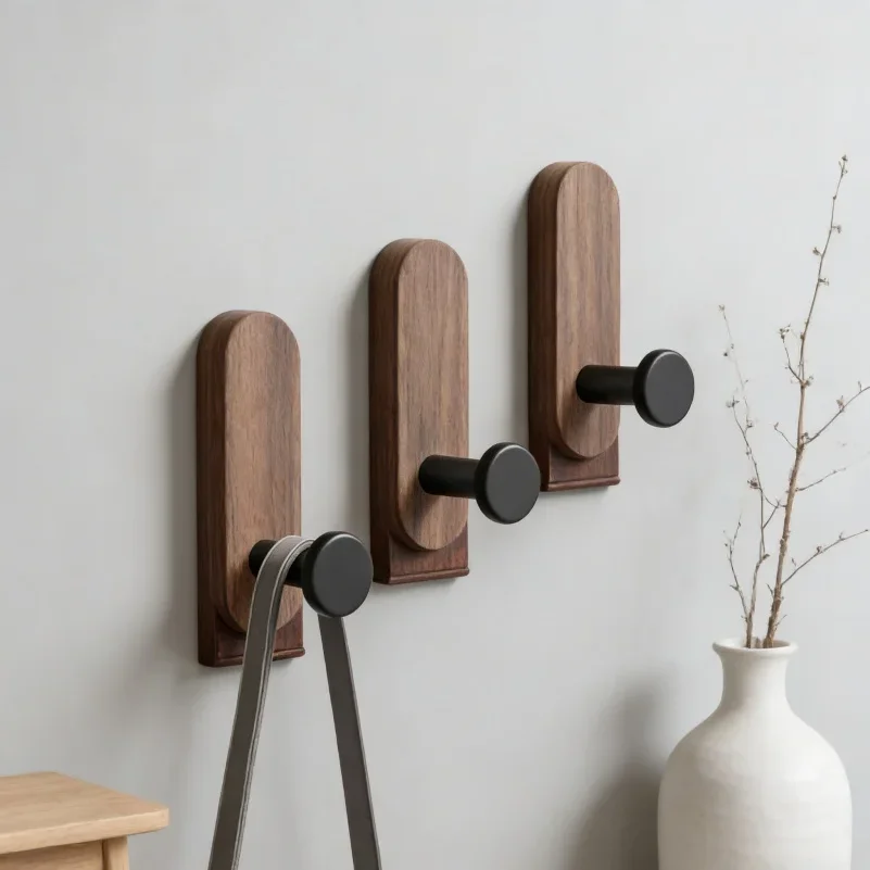 Self Adhesive Mounted Walnut Wood Wall Hooks for Hanging Coat Towel Clothes Blanket Hat Backpack Robe Entryway Key Holder