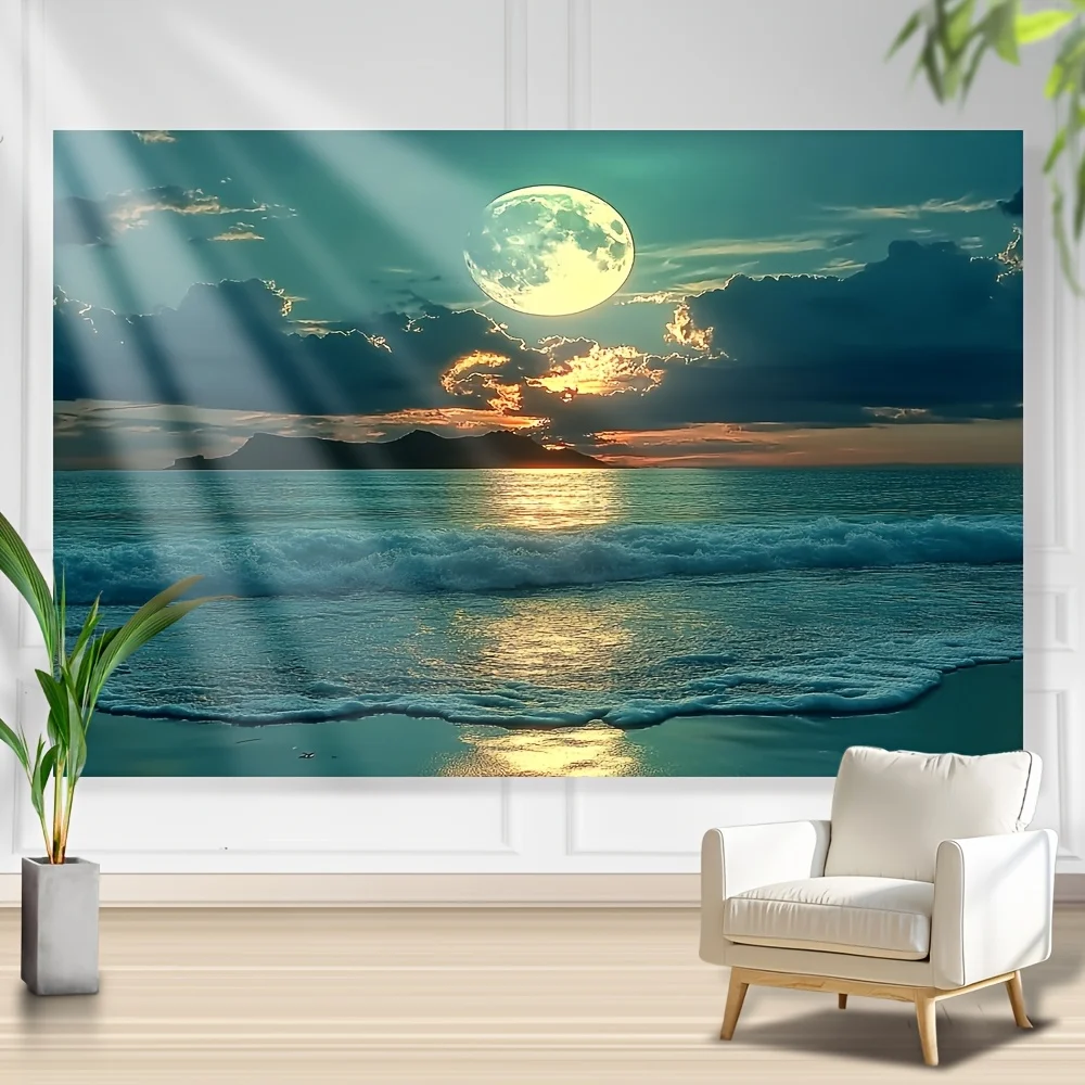 1pc, Polyester Moonlit Ocean Sunset Wall Tapestry, 3D Scenic Landscape Banner, No Electricity Needed, Home & Office Decor, Gener