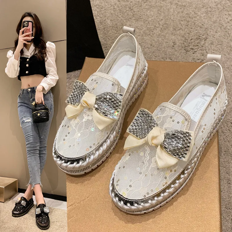 Women\'s Sandals 2024 Summer New Chunky Bottom Soft Hollo Out Mesh Flat Shoes Rhinestone Bow Breathable Sneakers Zapatillas Mujer