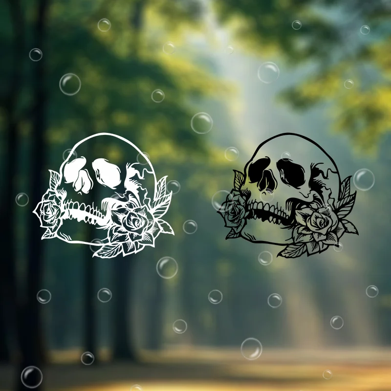 2pcs/set 2D Flat Skull With Roses Vinyl Sticker, Waterproof UV Resistant, for Car Window Laptop Luggage Decor, Holiday Gift