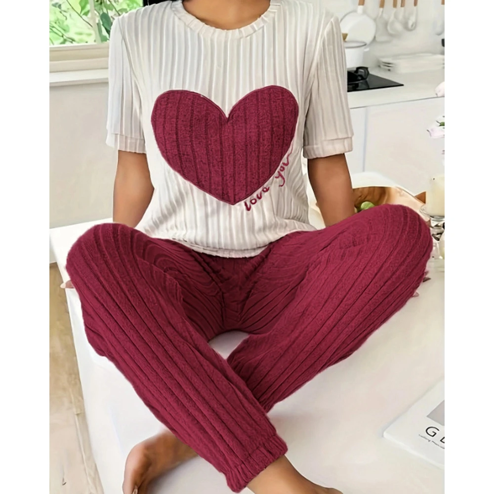 Women's Short Sleeve Heart Pattern Top and Skinny Pants Set Elegant Winter Outfits Female 2 Piece Suit Sets