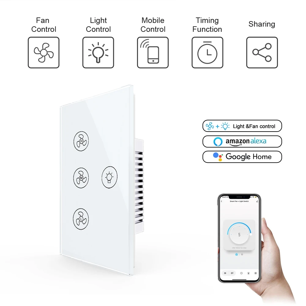 Smart Home Wifi Fan Light Switch EU/US Ceiling Fan Lamp Switch  Works With Alexa Google Tuya Remote Various Speed Control