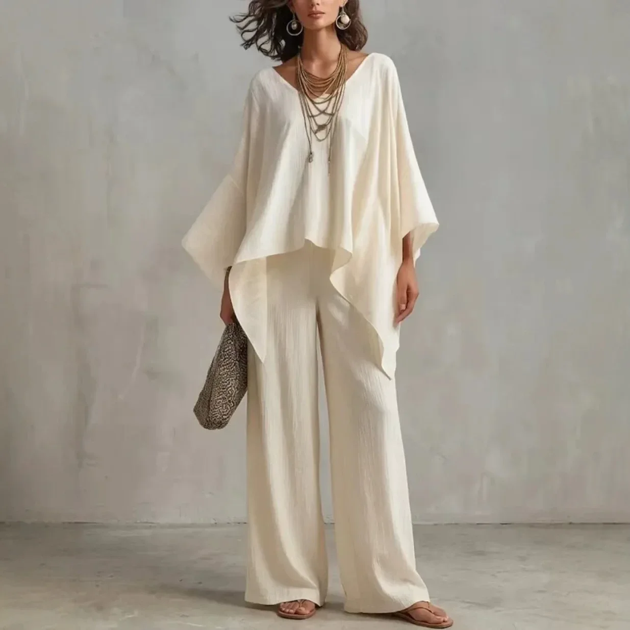 Women Linen 2 Piece Outfit V Neck Irregular Cape Top High Waist Wide Leg Pants Matching Set