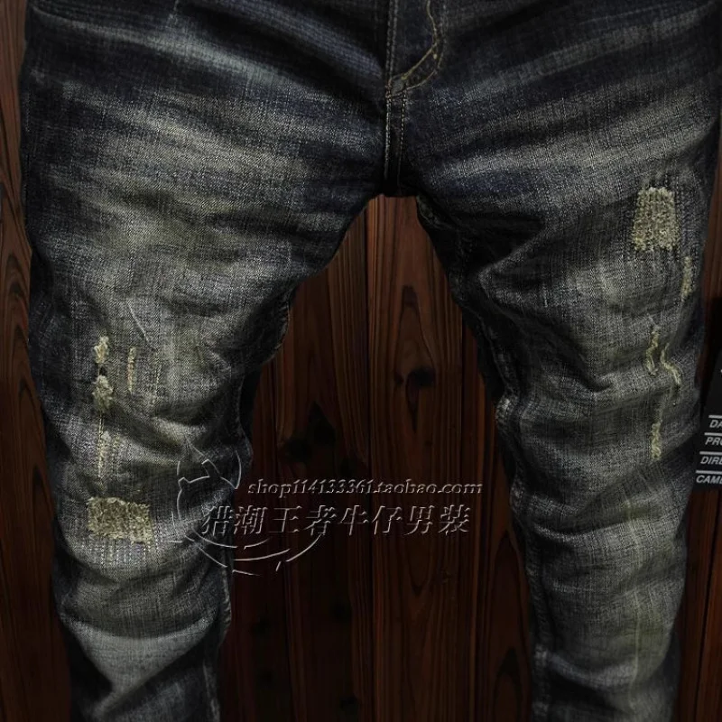 Heavy retro men's jeans slim fit small straight tube ripped patch personalized trend elastic denim nostalgic pants