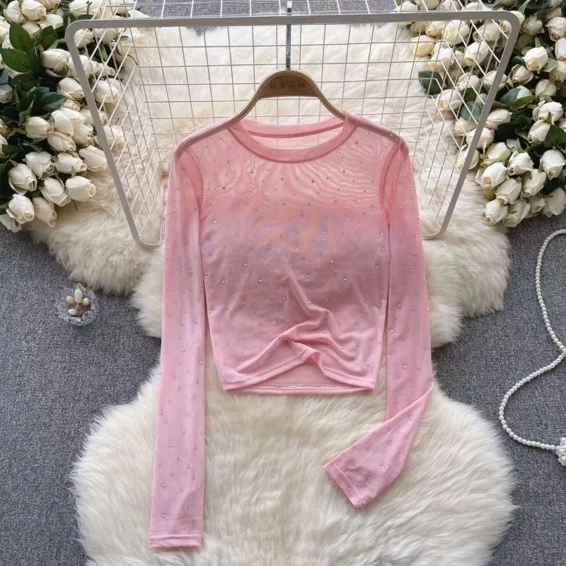 

Colors T-shirts Women Cropped Sequins Slim Sheer Solid Spring Summer Sexy Style Cozy Thin O-neck Clubwear European Style