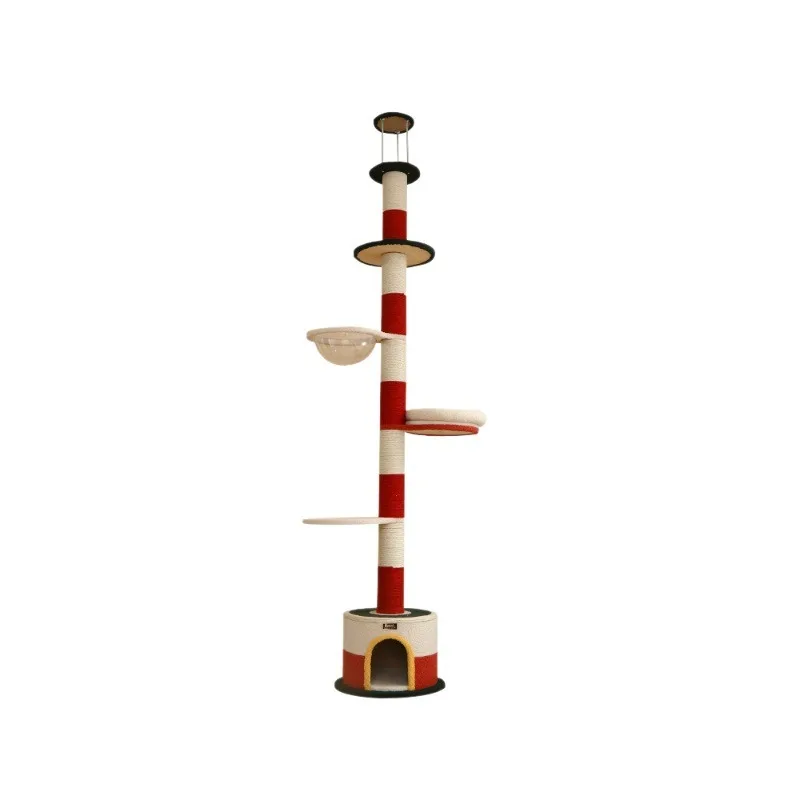 Red cream striped cat tree, tall sisal transparent acrylic bowl-shaped cabin, multi-layer platform, suitable for large cats