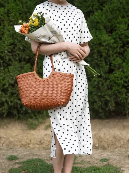 2026 Genuine Leather Women's Bags Vintage Woven Leather Basket Bag French Style Women Purse Trendy Ins Popular