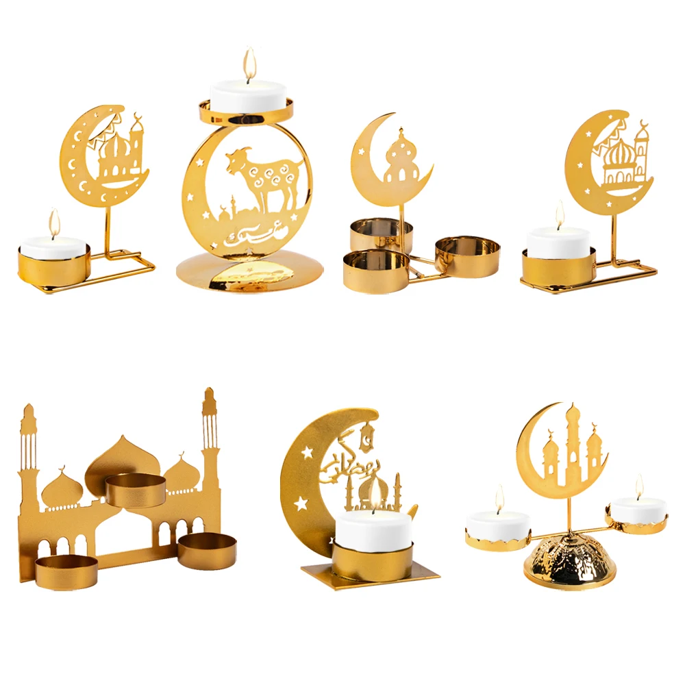 Ramadan Moon Shape Candle Holder Metal Golden Eid Mubarak Candlestick Base Dining Table Ornament Islamic Muslim Party Home Decor