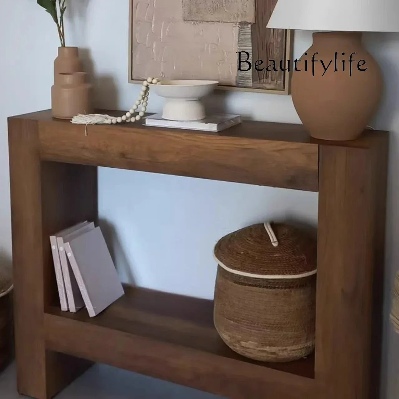QQ XMedieval Entrance Entrance Table Retro Solid Wood Strip Case Aisle Cabinet Corridor End View Table Nordic Entrance Cabinet