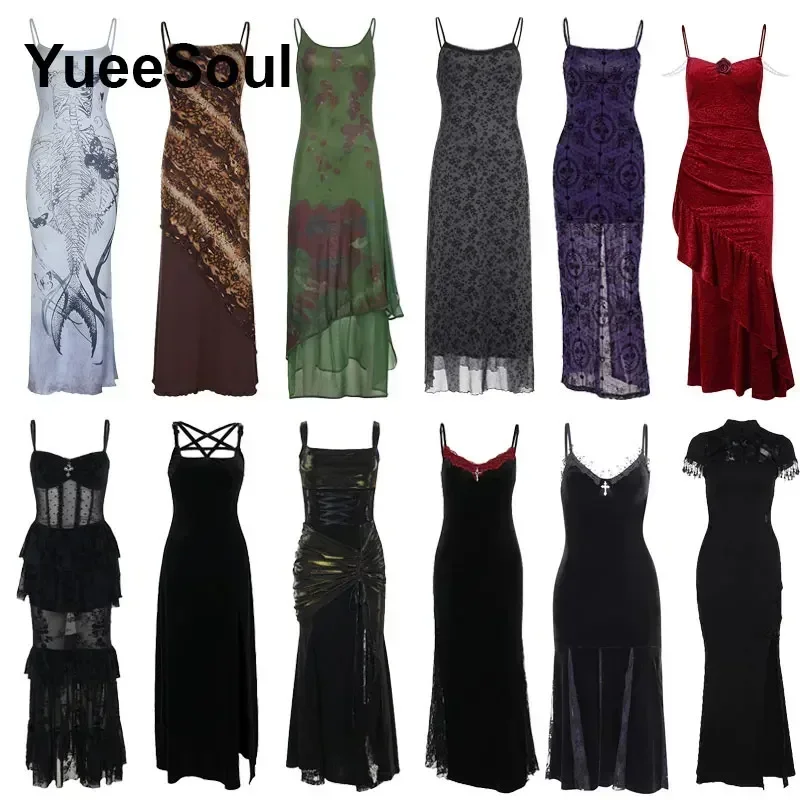 Abito da donna gotico senza maniche in pizzo nero aderente mini abiti 2024 Y2K Grunge Punk Harajuku Lolita Fairy Core vestiti di Halloween