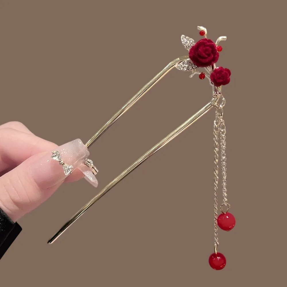 Elegant Red Velvet Rose Hair Stick with Golden Metal Frame Zircon Accent And Red Bead Tassel Retro Hanfu Style Hair Accessory