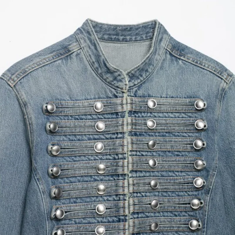 2026 New Women Denim 2 Piece Set Streetwear Button Decorated Stand Collar Cropped Jacket + Low Waist Shorts Y2K Outfi view 6