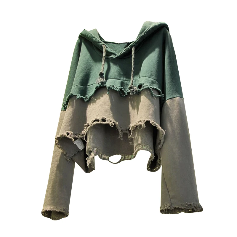 Women's Oversized Pullovers New 2024 Spring Lazy Wind Ripped Holes Loose Hooded Sweatshirt Casual Street Top Patchwork Coat