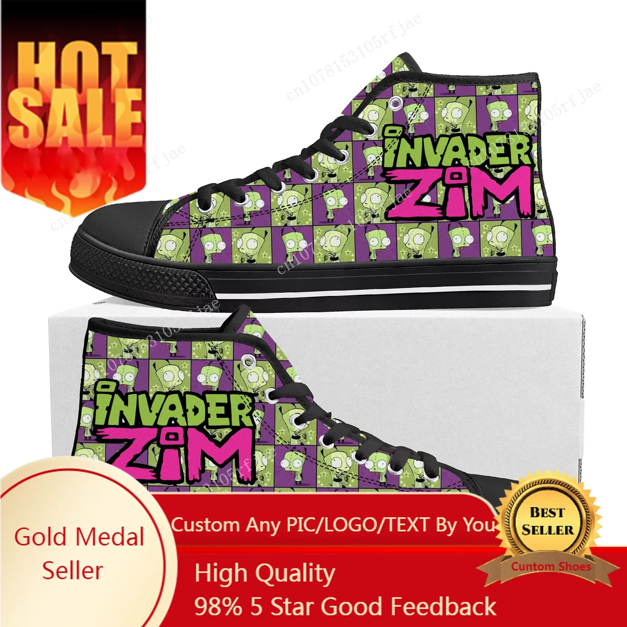 Hot Animation Invader High Top Sneakers Cartoon Zim Mens Womens Teenager High Quality Canvas Sneaker Custom Built Couple Shoes