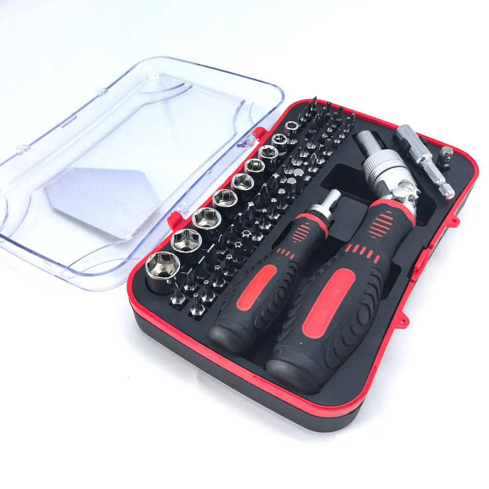 61pcs Rotatable Head Ratchet Screwdriver Socket Bit Tool Set Household Auto Repair Hand Tool Kit with Transparent Storage Case