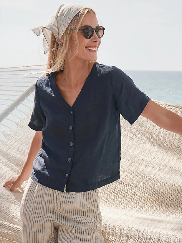 

Удобная льняная женская летняя модная блузка с V-образным вырезом и коротким рукавом, свободного кроя, легкая, дышащая, незаменимая для повседневной носки.