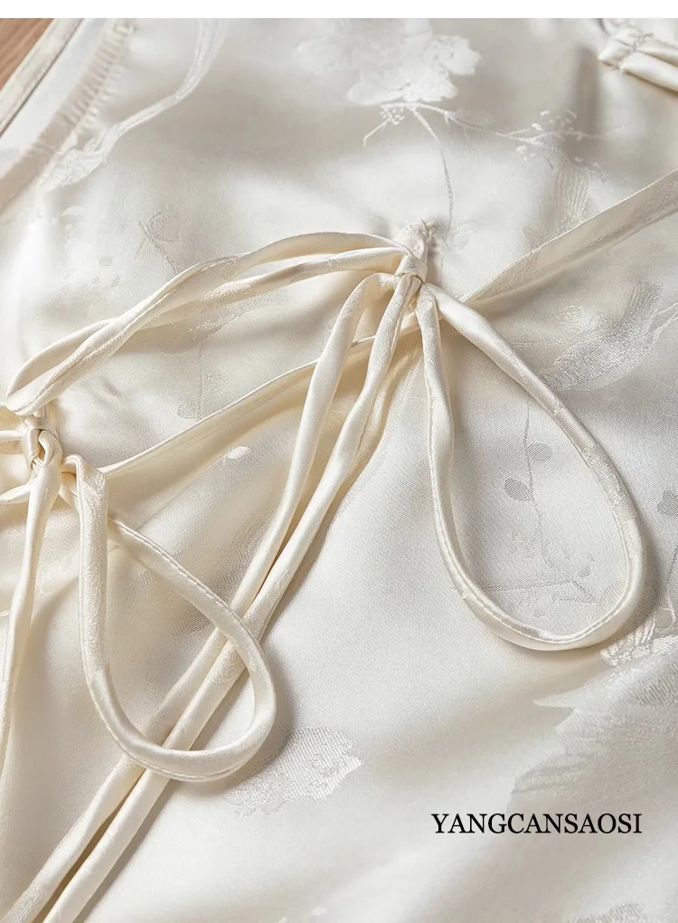 Women's Fashion Clothing 100% Natural Mulberry Silk Jacquard Satin Elongated White Temperament Vest Button Up Dress