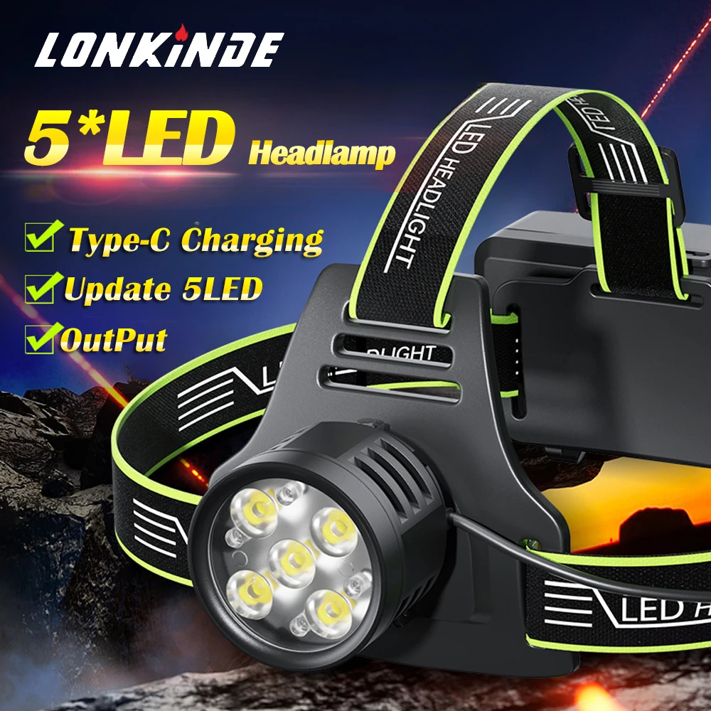 New High Power 10000LM 5LED Headlight Lamp With Digital Display Type-C Charging Universal Portable Headlamp For Night Fishing