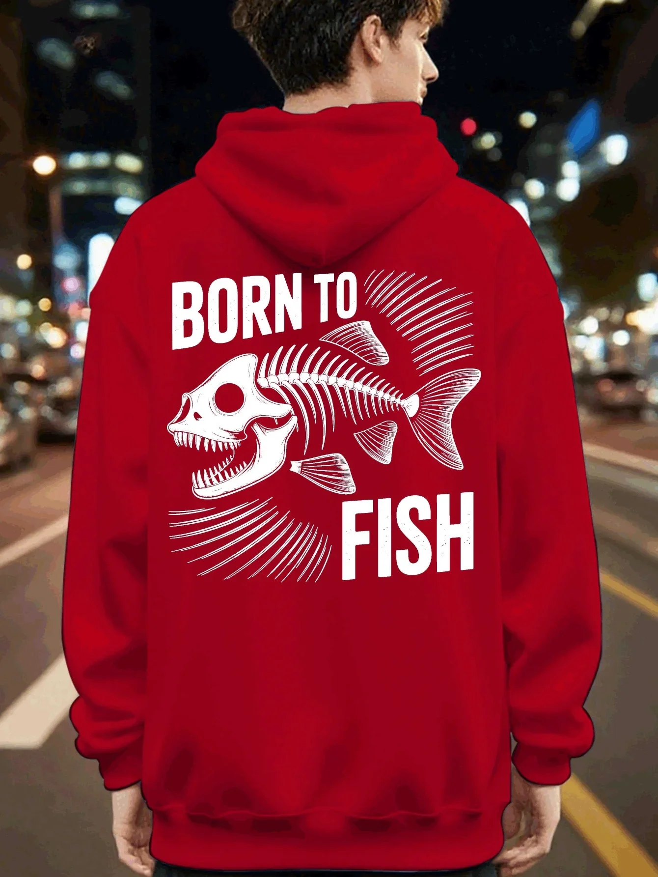 Oversized Men Hoodie Retro Distressed Fish Bone Skeleton Bold BORN TO FISH Letter Graphic Soft Fleece Angler Sweatshirt