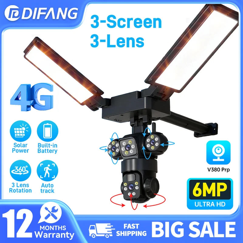 

6 MP 3-Lens Solar Security Camera 4G/LTE 3 Screen Auto Tracking 360° Panoramic Surveillance Cameras IP66 Audible Visual Alarms