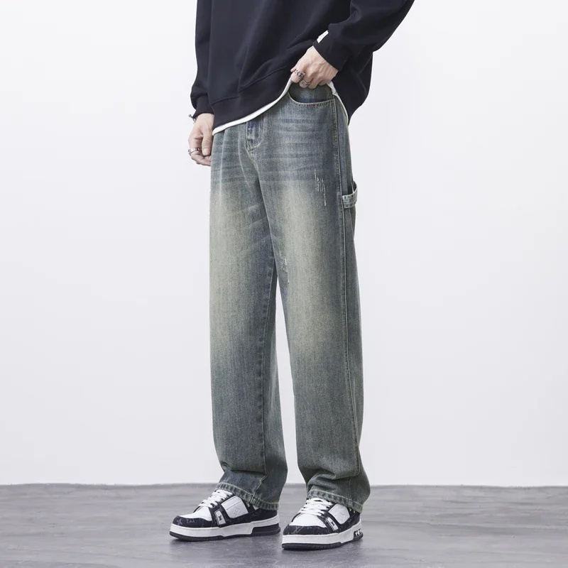 

Персонализированные винтажные джинсы, мужские корейские модные прямые повседневные брюки-карго, мужские повседневные джинсовые брюки с большим карманом