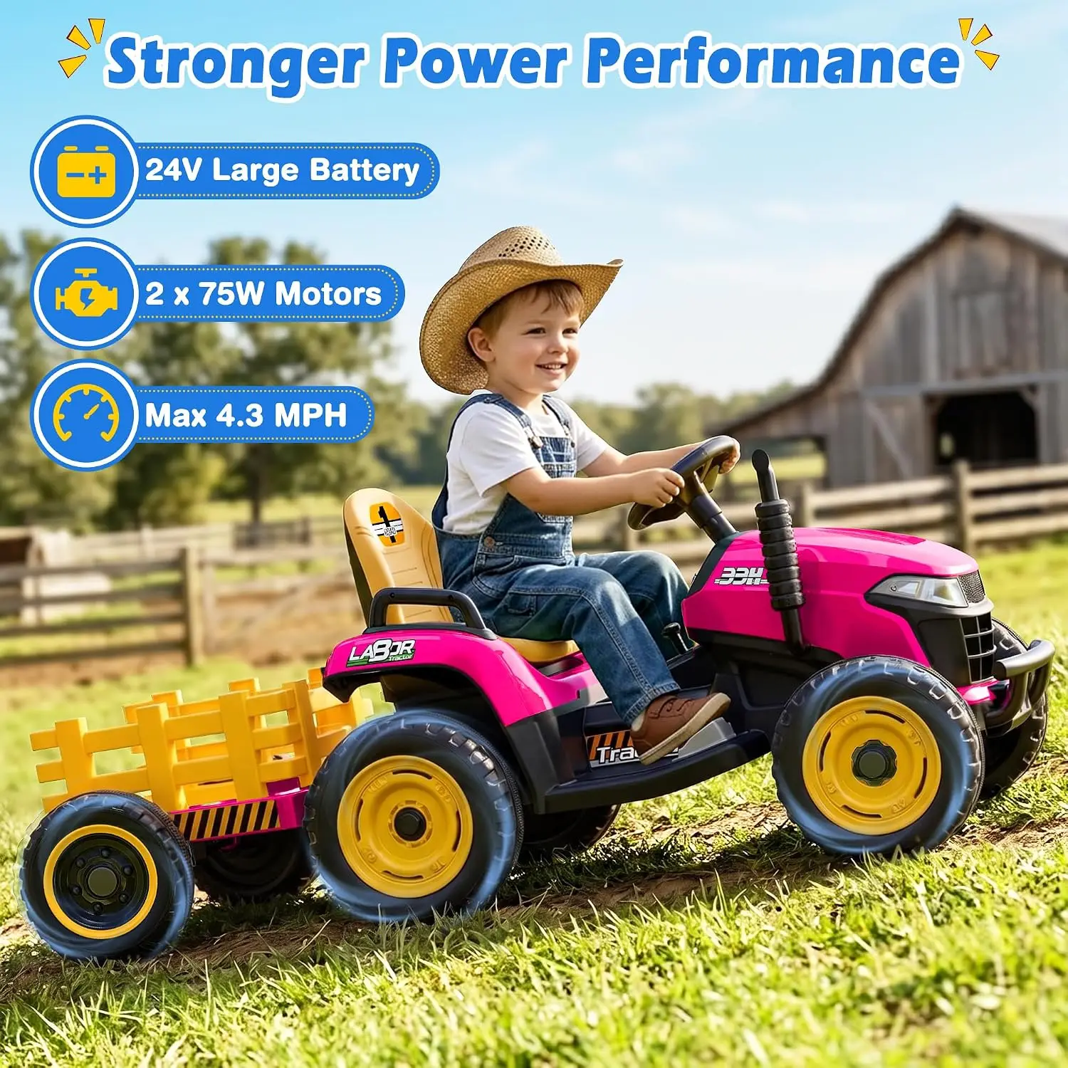 ARBELI 24V Ride On Tractor w/2.4G Remote Control, Tiltable Trailer, Pink | 2×75w motors, EVA tires, detachable trailer, bluetoot