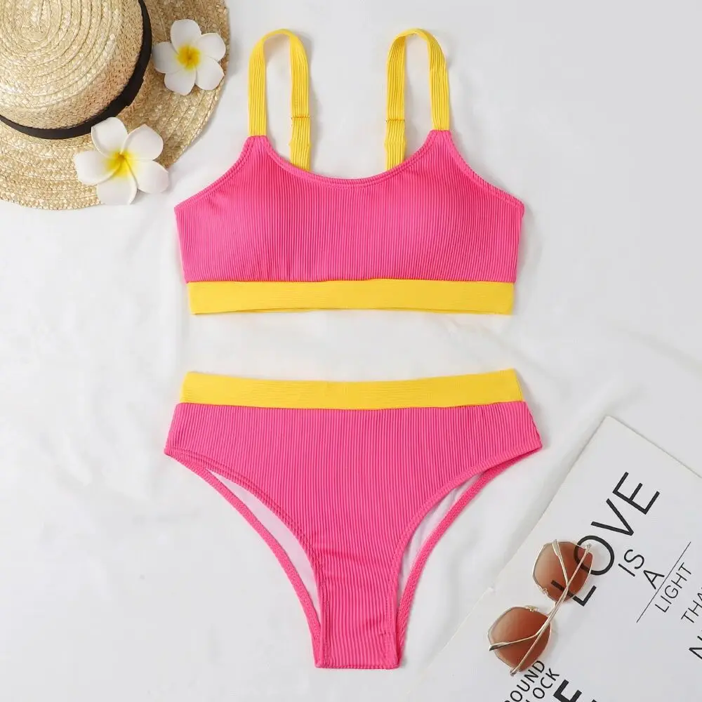 Bañador de cintura alta para mujer, conjunto de Bikini de corte alto, traje de baño Sexy para mujer, ropa de playa unicolor para verano 2024