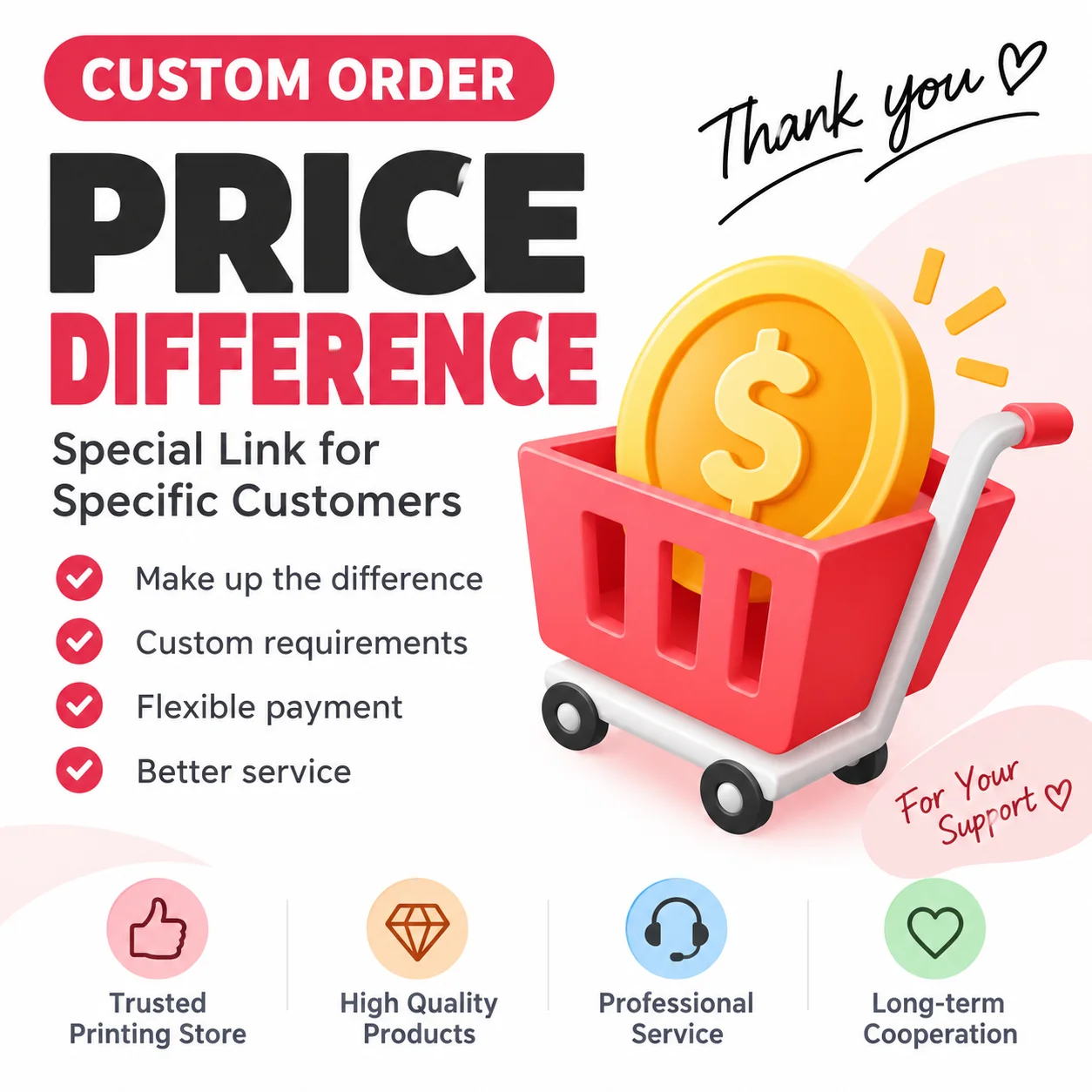 Custom Order Price Difference & Extra Shipping Fee Payment Link for Specific Customers Personalized Printing Service