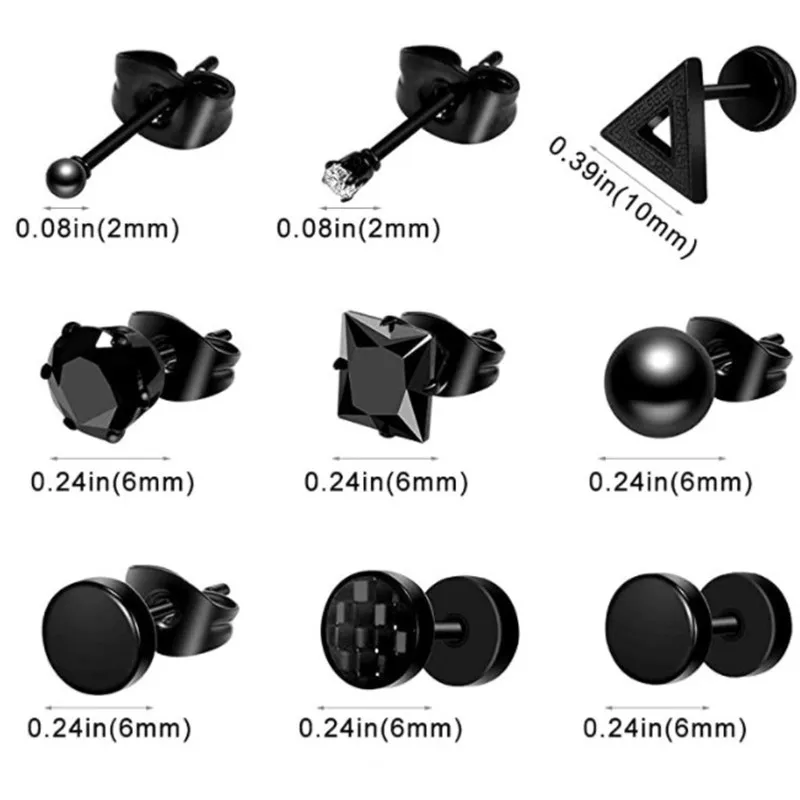 6/8/10/12/15 Pairs Stainless Steel Black Stud Earrings Men's Punk Earring Set Street Hip Hop Earrings Unisex Gift
