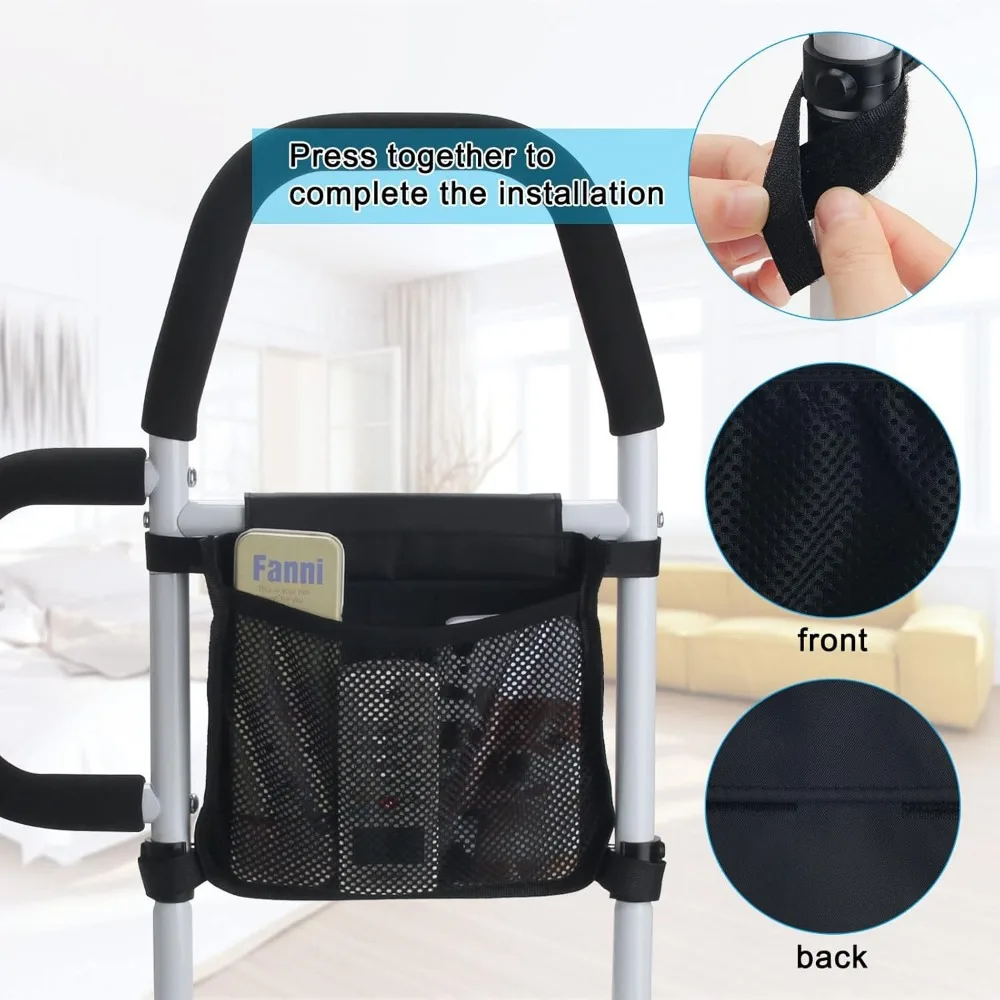 قضبان سرير لكبار السن مع قضبان إمساك، وجيب تخزين، وواقي لمنع السقوط لأسرة King Queen المزدوجة الكاملة، تدعم 300 رطل #4