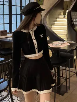 סתיו hight מותן חצאית 2 חתיכה חליפה קוריאנית שיק בגדים סרוגים בגדים סרוגים מכנסיים י2k קצר מגשר קפלים קפלים מיני חצאית סט נשים