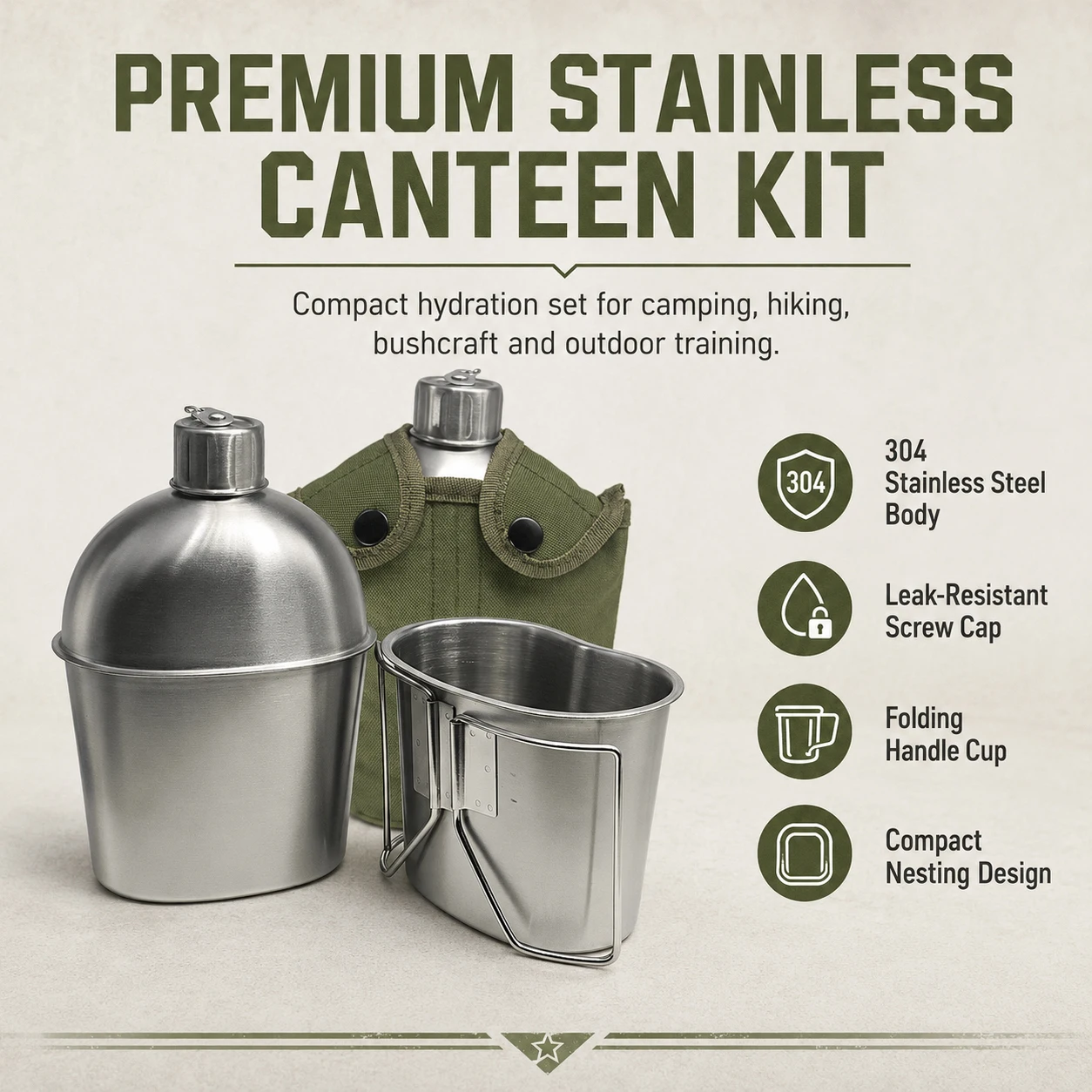 1L Military Tactical Canteen Bottle with Pouch, Outdoor Army Water Kettle for Camping, Hiking, Backpacking, Survival Gear