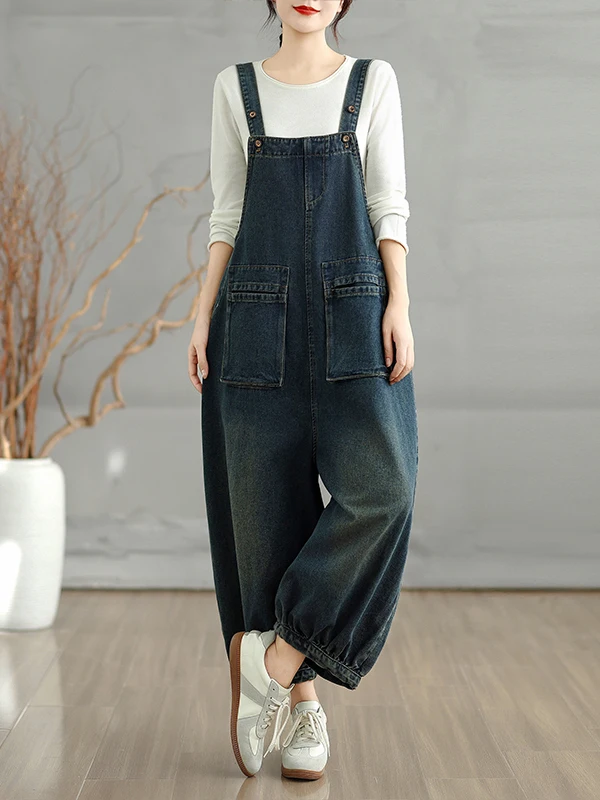 

Женские джинсовые комбинезоны, свободный крой, широкие брюки, повседневные осенние модные утягивающие брюки, синий хлопок, полиэстер