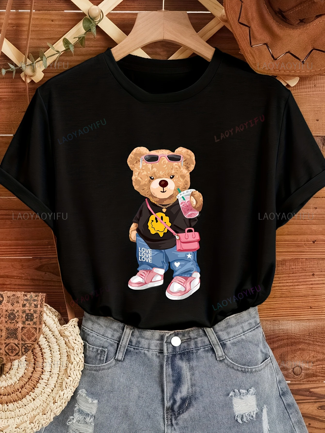 

Cute Bear Print Crew Neck Short Sleeve T-Shirt for Women Spring & Summer Essential Comfortable Personality Unique Trending