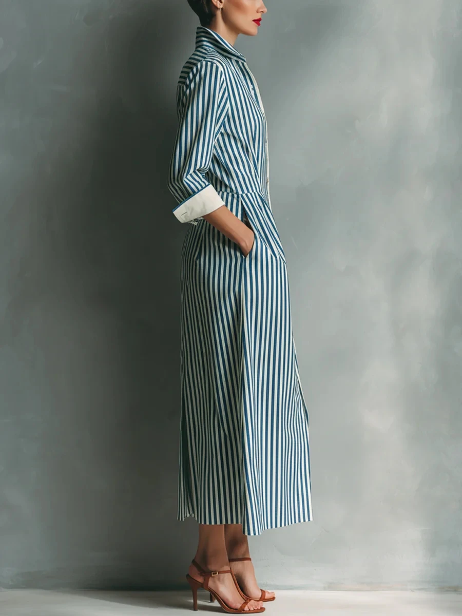 Elegant Striped Print Shirt Dress for Women Casual Turn Down Collar Color Blocking Pocket Long Dresses New Trendy Graceful Robe
