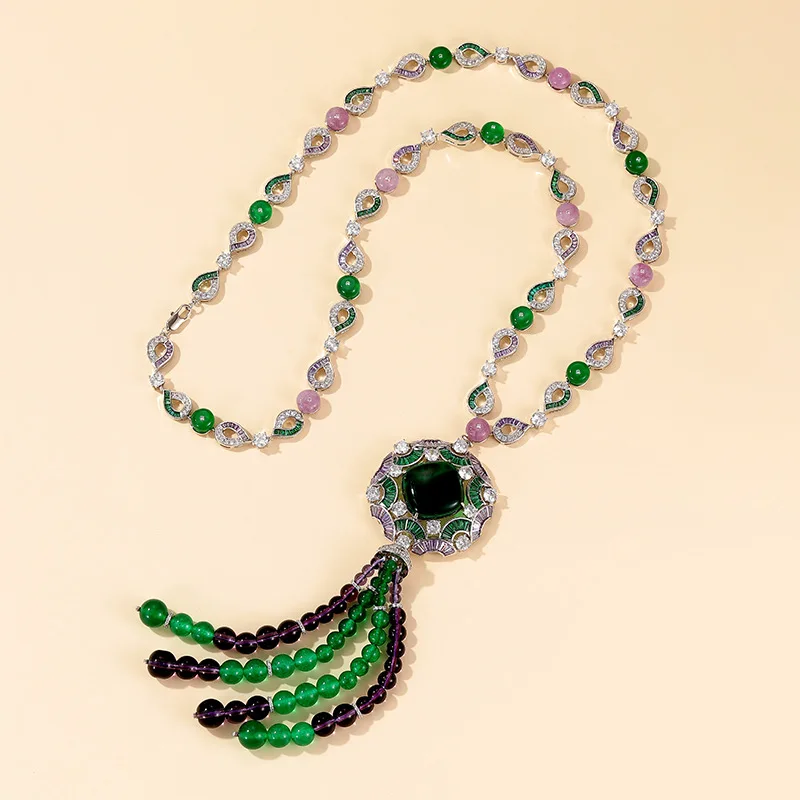 Vintage Tassel Jewelry Set Silver Plated Synthetic Green Gem Pendant Necklace Drop Earrings Women Banquet Ornament